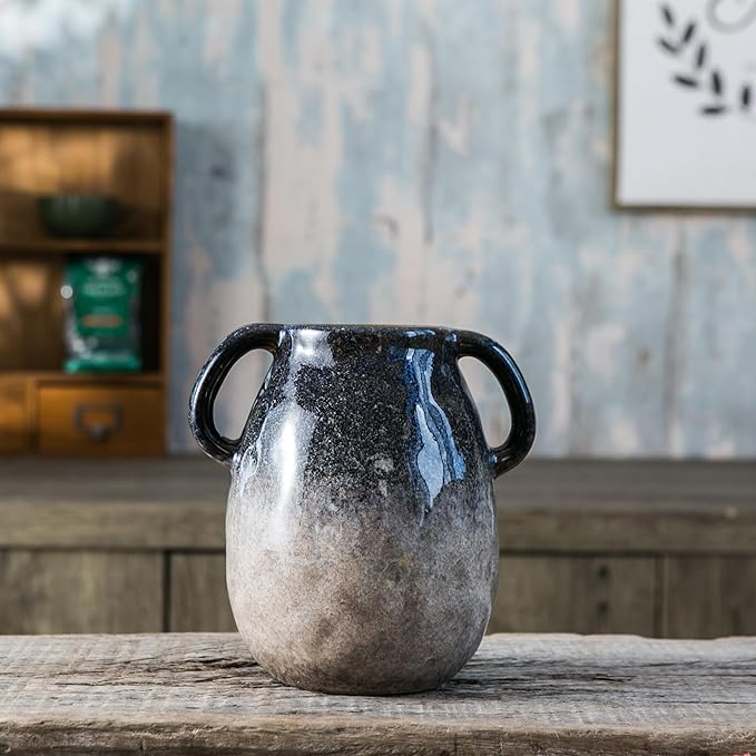 Blue Gradient Ceramic Vase with 2 Handles, Modern Farmhouse Decor, Rustic Terracotta Pottery, Decorative Clay Flower Vase, Centerpiece for Dining Table - 7 Inch-VerdiqueGarden