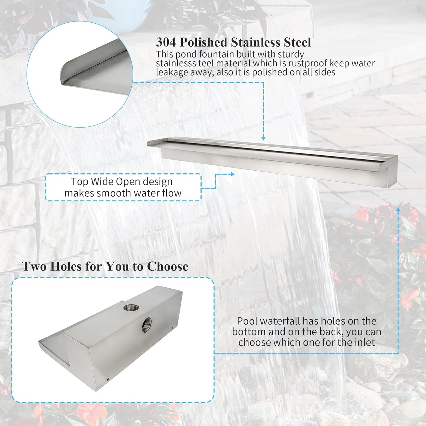 12 Inch Pool Fountain 304 Stainless Steel Waterfall Spillway with Pipe Connector Kits, Wider Water Flow Sheer Descent Platform Water Feature Fountain for Swimming Pool, Outdoor Garden Decor-VerdiqueGarden