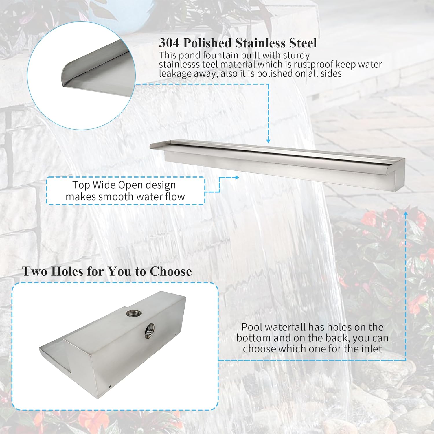 12 Inch Pool Fountain 304 Stainless Steel Waterfall Spillway with Pipe Connector Kits, Wider Water Flow Sheer Descent Platform Water Feature Fountain for Swimming Pool, Outdoor Garden Decor-VerdiqueGarden