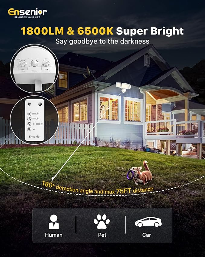 Ensenior 1800LM Solar Flood Lights Outdoor, Motion Sensor Outdoor Light 6500K, IP65 Waterproof, Separate Solar Panel, Solar Security Light with 5 Sensor Modes and 3 Adjustable Head for Yard (White)-VerdiqueGarden