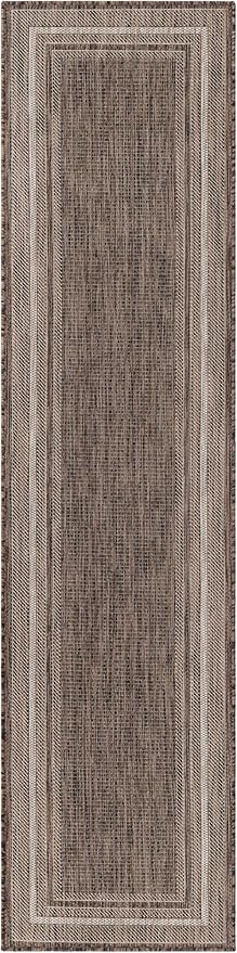 Unique Loom Outdoor Border Collection Area Rug - Soft Border (2' x 8' Runner, Brown/ Ivory)-VerdiqueGarden