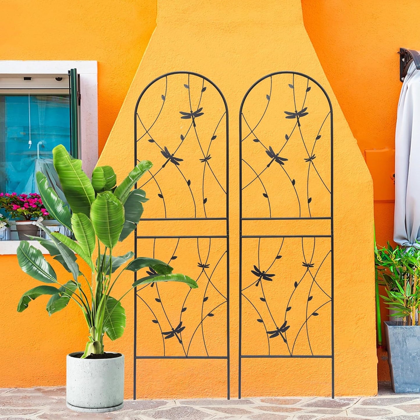 4 Pack Metal Garden Trellis 86.7" Tall Outdoor Climbing Plant Support for Roses, Flowers, Rustproof Durable Black Galvanized Tube, Lawn Garden Fence Decor Screen (4, Black dragonflies-86.7" H)-VerdiqueGarden