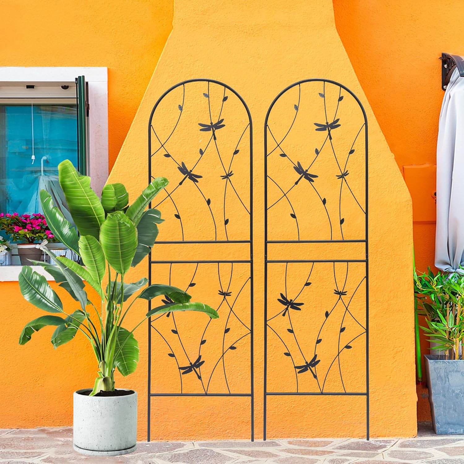 4 Pack Metal Garden Trellis 86.7" Tall Outdoor Climbing Plant Support for Roses, Flowers, Rustproof Durable Black Galvanized Tube, Lawn Garden Fence Decor Screen (4, Black dragonflies-86.7" H)-VerdiqueGarden