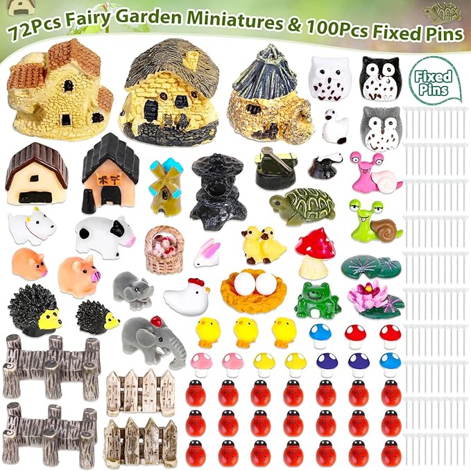 172Pcs Miniature Fairy Garden Accessories Including 100Pcs Fixed Pins, modacraft Fairy Garden Kit Fairy House Animal Figurines Mini Landscape for Garden Dollhouse Potted Plant Bonsai Terrarium Décor-VerdiqueGarden