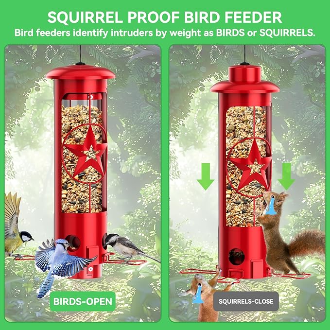 Squirrel Proof Bird Feeders for Outdoors Hanging, Metal Squirrel Proof Bird Feeder with Gravity Protection, 3LB Large Capacity Wild Bird Feeders for Outside Finch, Cardinal, Blue Jay (Red)-VerdiqueGarden