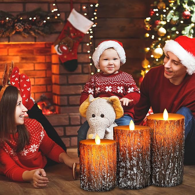 JOSU LED Flameless Candles Pine Bark Effect, Battery Operated Candles with Remote Control, LED Fake Candles, 4" 5" 6" Pack of 3, for Wedding Decor, Table Decor, Home Decoration Gifts (Pine Bark)-VerdiqueGarden