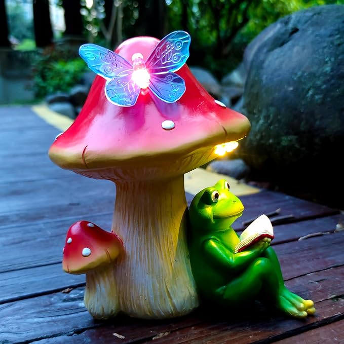 Solar Frog Mushroom Garden Statues,Resin Frog Mushroom Reading a Book Figurine with LED Solar Lights, Lawn Decor Outdoor Statue for Patio,Balcony,Yard,Lawn Ornament-VerdiqueGarden