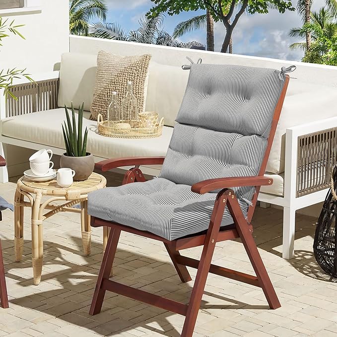 LVTXIII Outdoor 44x22-inch High Back Chair Cushions, Patio Solid Tufted Adirondack Chair Seat Cushions, Seasonal Replacement Rocking Chair Cushion with Ties, Set of 2, Strip Grey-VerdiqueGarden