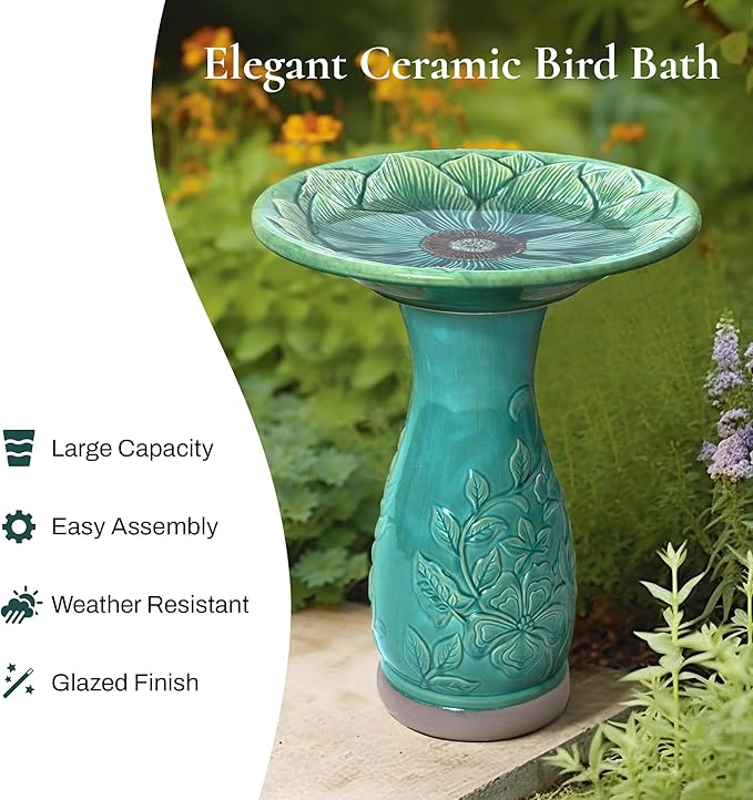 LuxenHome 23 Inch Ceramic Bird Bath for Outside, Elegant Tall Outdoor Bird Bath, Lightweight Pedestal Glazed Birdbaths for Outdoors with Floral Embossed Design, Jade Green-VerdiqueGarden