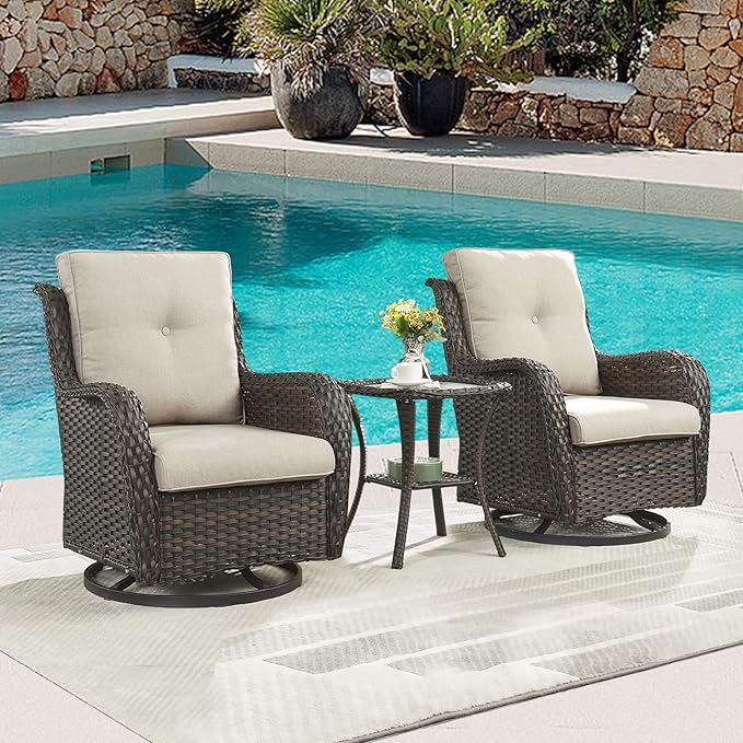 Outdoor Patio Swivel Rocker Chairs - 3 Piece Patio Bistro Set,Wicker Patio Furniture Set with 2 Swivel Rocking Chairs and 1 Glass Top Side Table for Deck Porch Garden,Brown/Beige-VerdiqueGarden