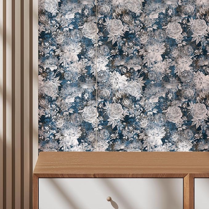 Vintage Garden Peel & Stick Floral Wallpaper - Removable White/Blue Vinyl Self Adhesive Mural - 17.7in x 9.84ft-VerdiqueGarden