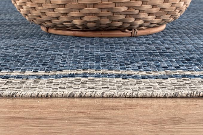 CAMILSON Outdoor Rug, 9x12 Bordered Navy Blue Gray Modern Large Area Rugs for Indoor and Outdoor Patios, Porches Waterproof Washable Porch Deck Outside Carpet (Bordered Navy, 9 x 12)-VerdiqueGarden