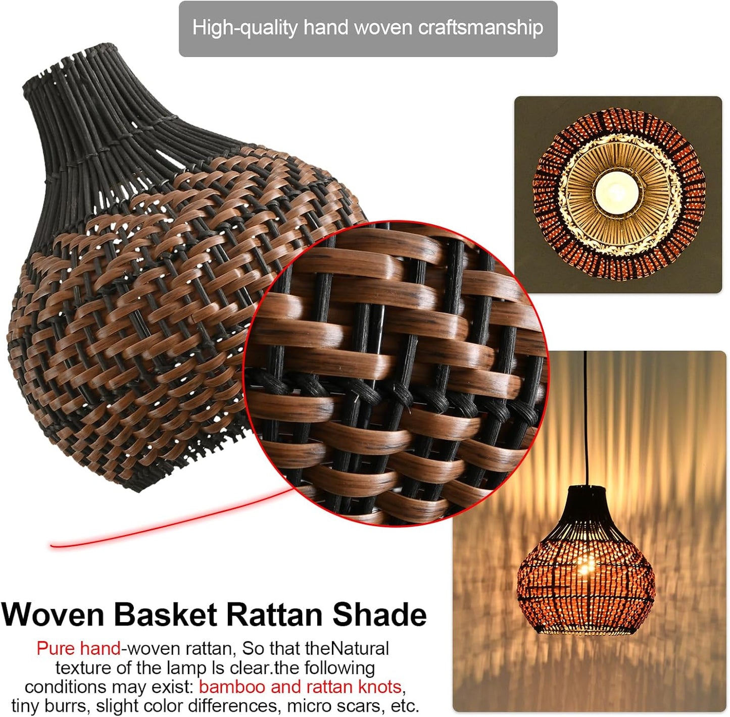 3-Pack Rattan Pendant Light 10.24" Hand-Woven Black Brown Fax Rattan Basket Chandelier Mini Boho Wicker Hanging Lamp for Dining Living Bedroom Kitchen Farmhouse-VerdiqueGarden