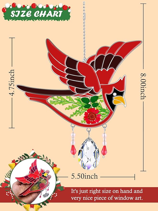 KY&BOSAM Cardinal Suncatcher Crystal Had Painted Glass Sun catchers Hangings for Windows Ornament with Pressed Real Flower and Heart Charm Birthday Gifts for Women Mom Mother's Day Christmas Mom Gifts-VerdiqueGarden