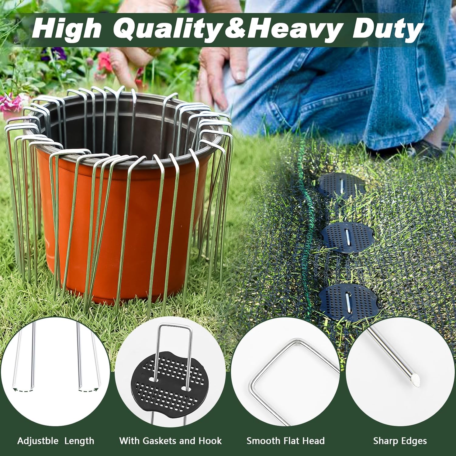 FEED GARDEN 6 Inch 50 Pcs Galvanized Landscape Staples 50 Pcs Gaskets Pick Hook Garden Stakes 11 Gauge Anti-Rust Landscaping Fabric SOD Pins U Shaped Yard Turf Stakes for Weed Barrier Fabric-VerdiqueGarden