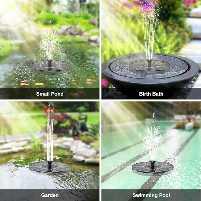 Solar Fountains,Solar Water Fountain,Solar Powered Bird Bath Fountain with 6 Nozzles - Free Standing Floating Solar Water Fountain for Bird Bath, Garden, Pond, Pool (Black-1.4W)-VerdiqueGarden