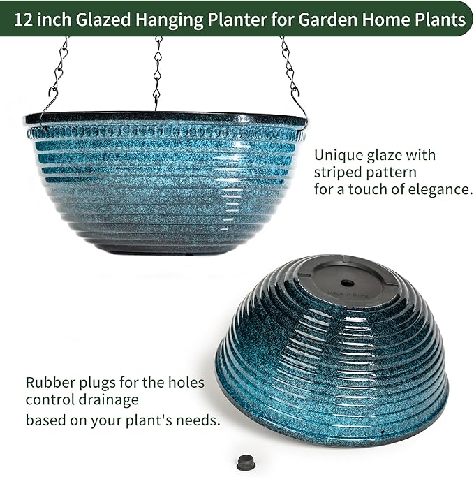12 inch Hanging Planters for Indoor Outdoor Plants, 2 Pack Large Hanging Flower Pots with Drainage Holes and Chain, Glazed Hanging Baskets for Home Garden Decoration, Blue-VerdiqueGarden