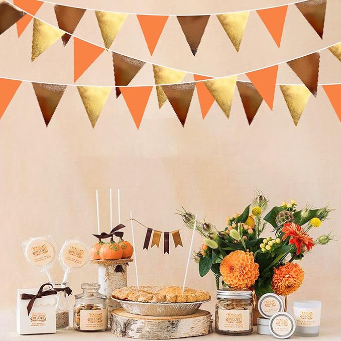 Fall Party Decorations Orange Gold Brown Metallic Fabric Triangle Pennant Banner Flag Bunting Garland for Autumn Fall Thanksgiving Wedding Birthday Bridal Shower Engagement Graduation Party Supplies-VerdiqueGarden