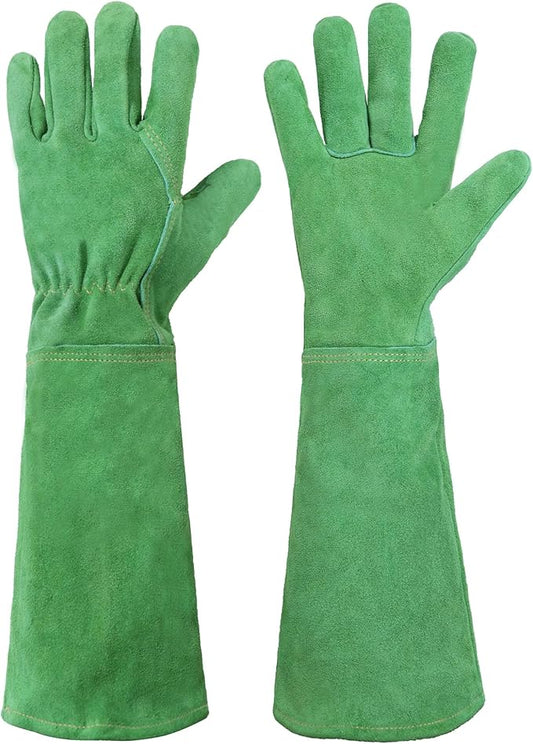 HANDLANDY Leather Gardening Gloves, Thorn Proof Long Gauntlet Heavy Duty Garden Gloves, Elbow Length Rose Pruning Weeding Yard Glove (Medium, Green)