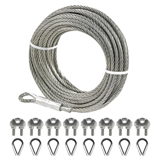 1/4" Stainless Steel Cable, 25FT Wire Rope with Clamps and Thimble, 7X19 Strands Aircraft Cable for Zipline, Outdoor, Deck Railing, Heavy Duty Applications, Hanging, 6400lbs Breaking Strength-VerdiqueGarden