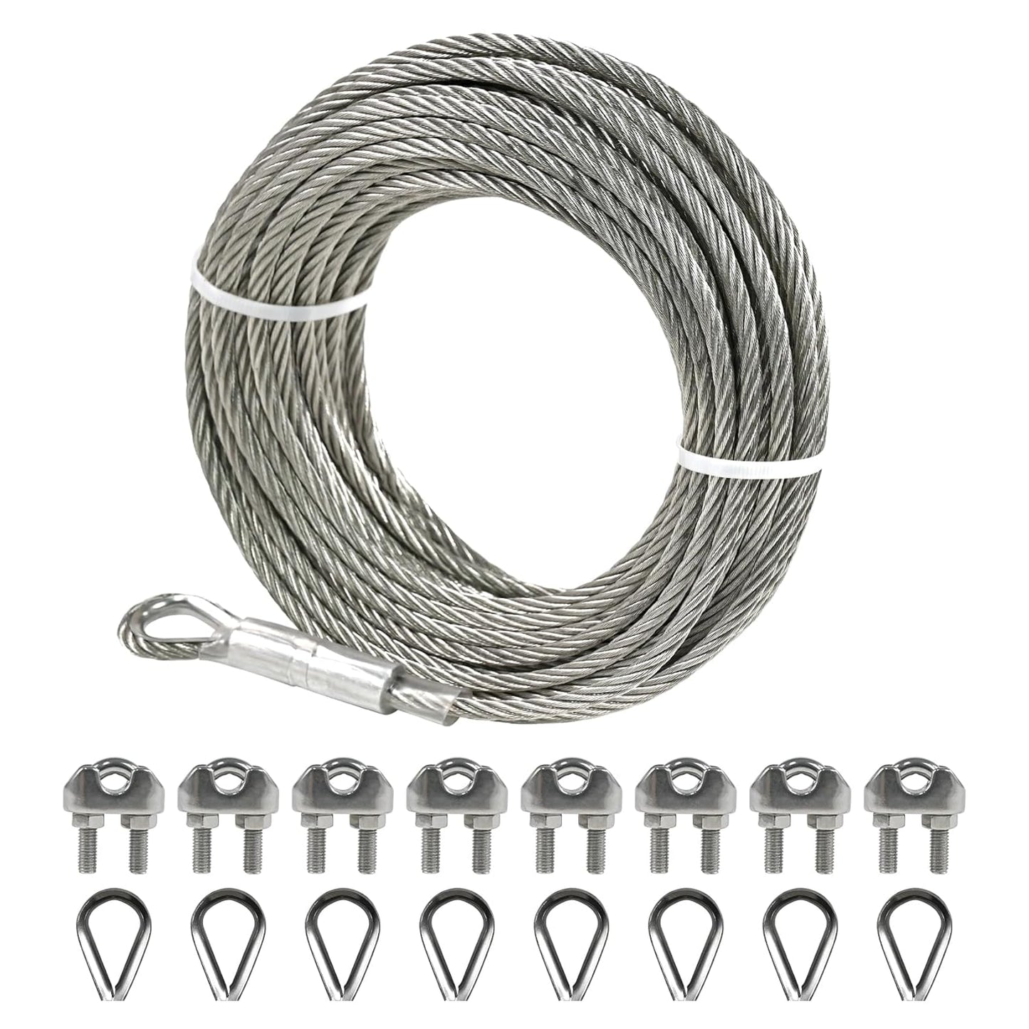 1/4" Stainless Steel Cable 75FT Wire Rope with Clamps and Thimble, 7X19 Strands Aircraft Cable for Zipline, Outdoor, Deck Railing, Heavy Duty Applications, Hanging, 6400lbs Breaking Strength-VerdiqueGarden