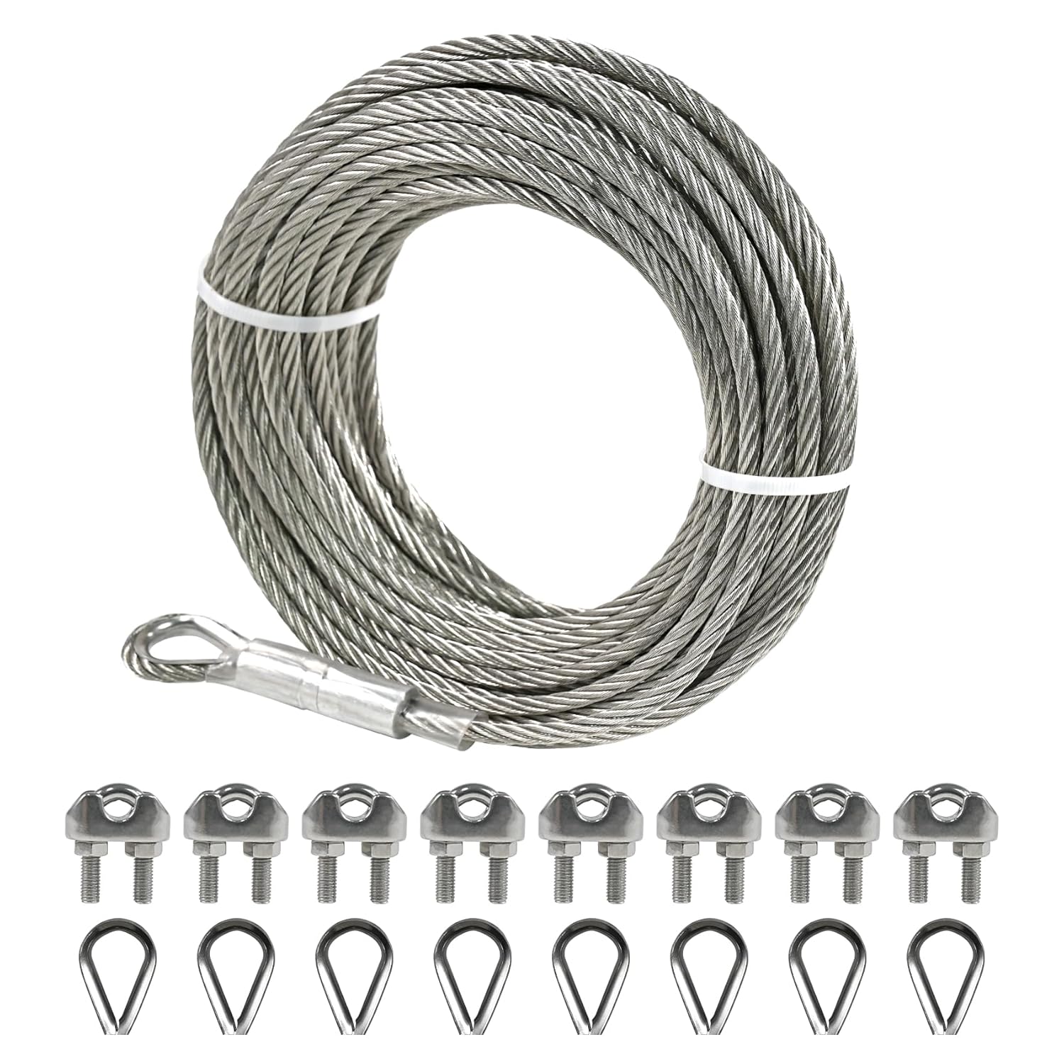 1/4" Stainless Steel Cable 75FT Wire Rope with Clamps and Thimble, 7X19 Strands Aircraft Cable for Zipline, Outdoor, Deck Railing, Heavy Duty Applications, Hanging, 6400lbs Breaking Strength-VerdiqueGarden