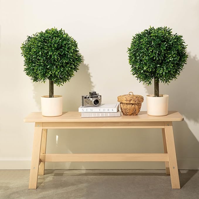 Premium 16" Diameter Artificial Japanese Boxwood Topiary – Set of 2 Faux Plants in Beige Decorative Planters – Realistic, UV-Resistant, Weatherproof Outdoor & Indoor Décor-VerdiqueGarden