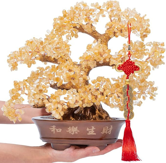 Natural Large Citrine Tree,14"Feng Shui Money Tree(1251 Gemstone Count)Citrine Crystal Tree for Abundance Prosperity Success Fortune Decoration Tree Bonsai for Home & Office Good Luck Wealth-VerdiqueGarden