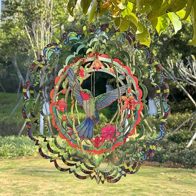 Metal Wind Spinners - Hummingbird 12 inch 3D Stainless Steel Hanging Wind Spinner Metal, Gifts for Women Mom Grandma Wife, for Indoor/Outdoor Decor, Yard Art, Garden Decoration-VerdiqueGarden