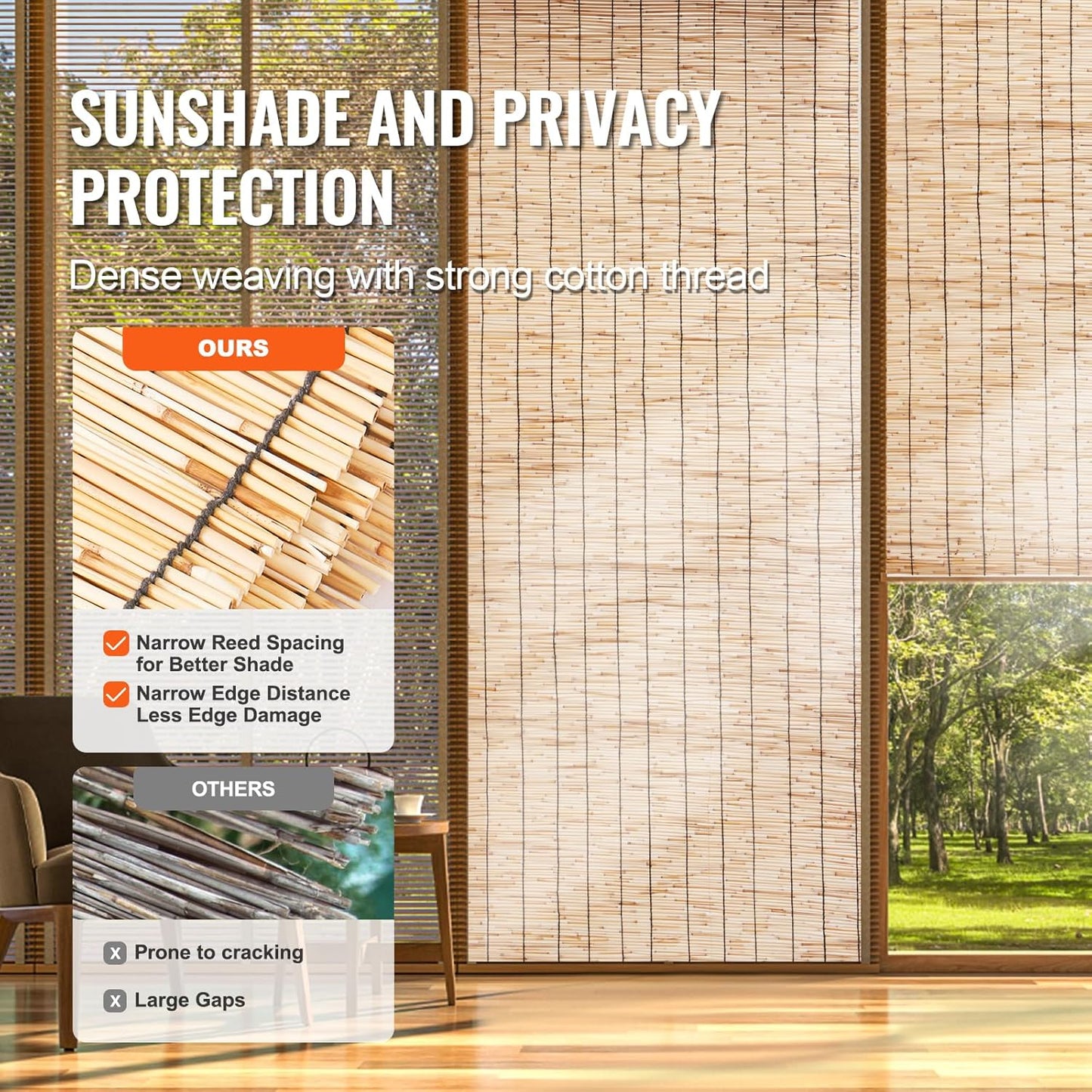 VEVOR Natural Reed Fencing, 5.5 ft x 16.4 ft, Reed Screen Curtain Balcony Fence Roll for Outdoor Backyard Patio, Decorative Fence for Backyard Garden Fencing Divider, Privacy Screen Panel Curtain-VerdiqueGarden