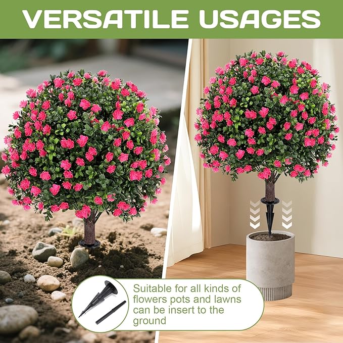 Artificial Pink camellia Topiary Ball Tree 25" with Ground Spike, Set of 2 Artificial Boxwood Bushes for Faux Shrubs, Fake Evergreen Faux Plant for Indoor Outdoor Garden -UV Resistant–Fade-Proof-VerdiqueGarden
