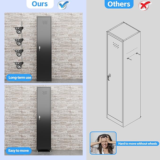 72''H Metal Broom Closet Storage Cabinet with Wheels & Pegboards, Mops Broom Closet Organizer with Locking Door & Hanging Rod,Cleaning Tool Garage Storage Cabinet,Assembly Required,Black-VerdiqueGarden