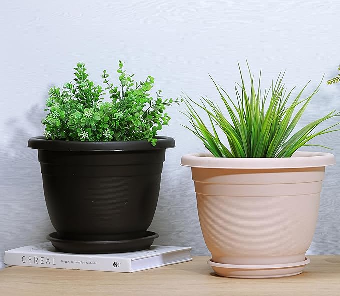 5 Packs 10 inch Plant Pots + Saucer, Planters for Indoor & Outdoor Plants with Drainage Holes | Plastic Flower Pots, Large Planter (Black, 10 inch)-VerdiqueGarden