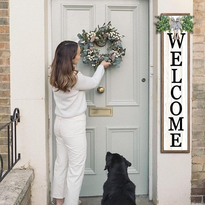 Surfapans Welcome Sign for Front porch Standing 45"X9"Large Wood Frame Outdoor Tall Welcome Signs Vertical Decor for Farmhouse Rustic Home Modern Outside Front Door Wall Decorations (Wood White)-VerdiqueGarden