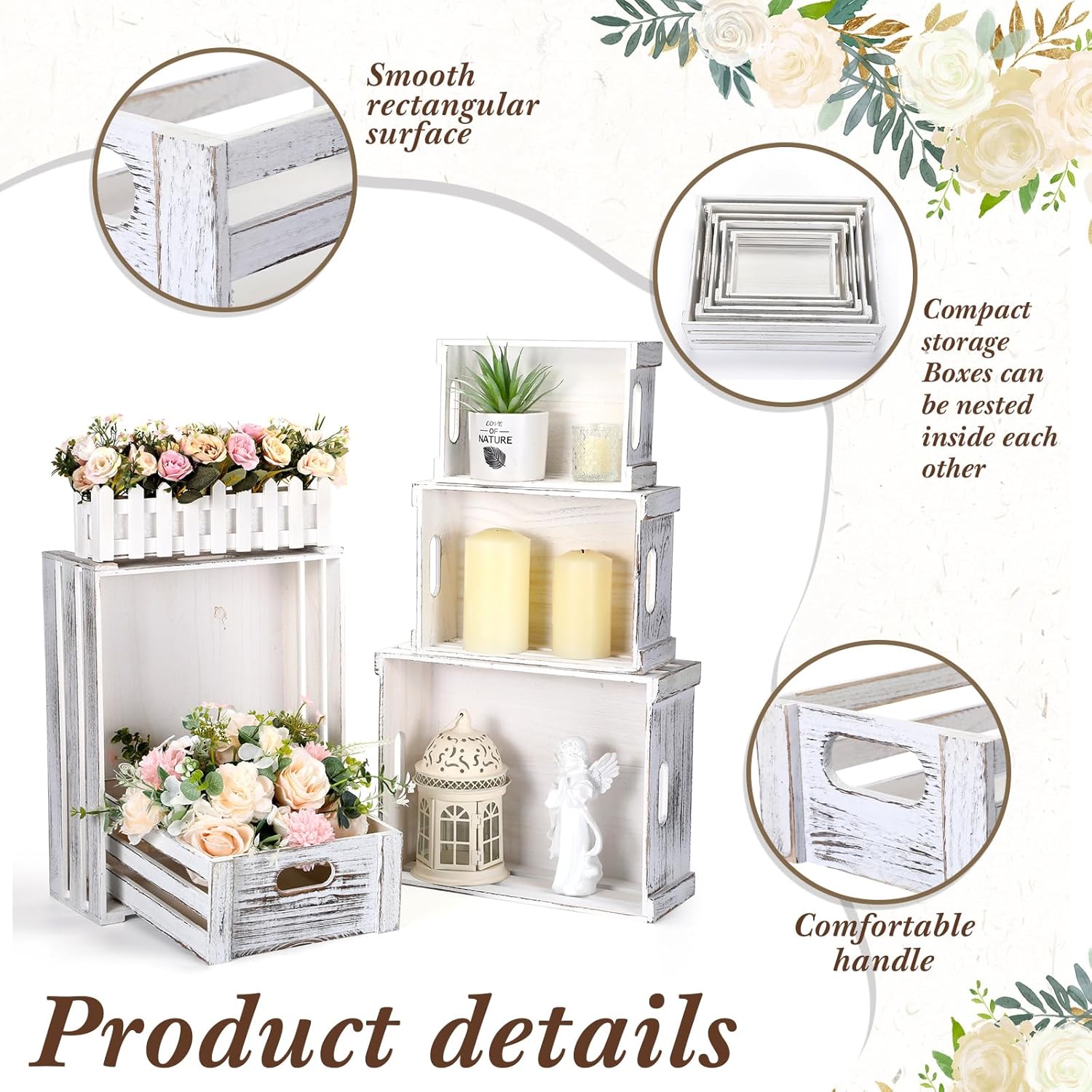 5 Pack Decorative Wood Crates for Display 5 Sizes Rustic Nesting Wooden Crates Vintage Storage Container Boxes with Handles Handmade Decorative Baskets Bin for Farmhouse(Vintage White)-VerdiqueGarden