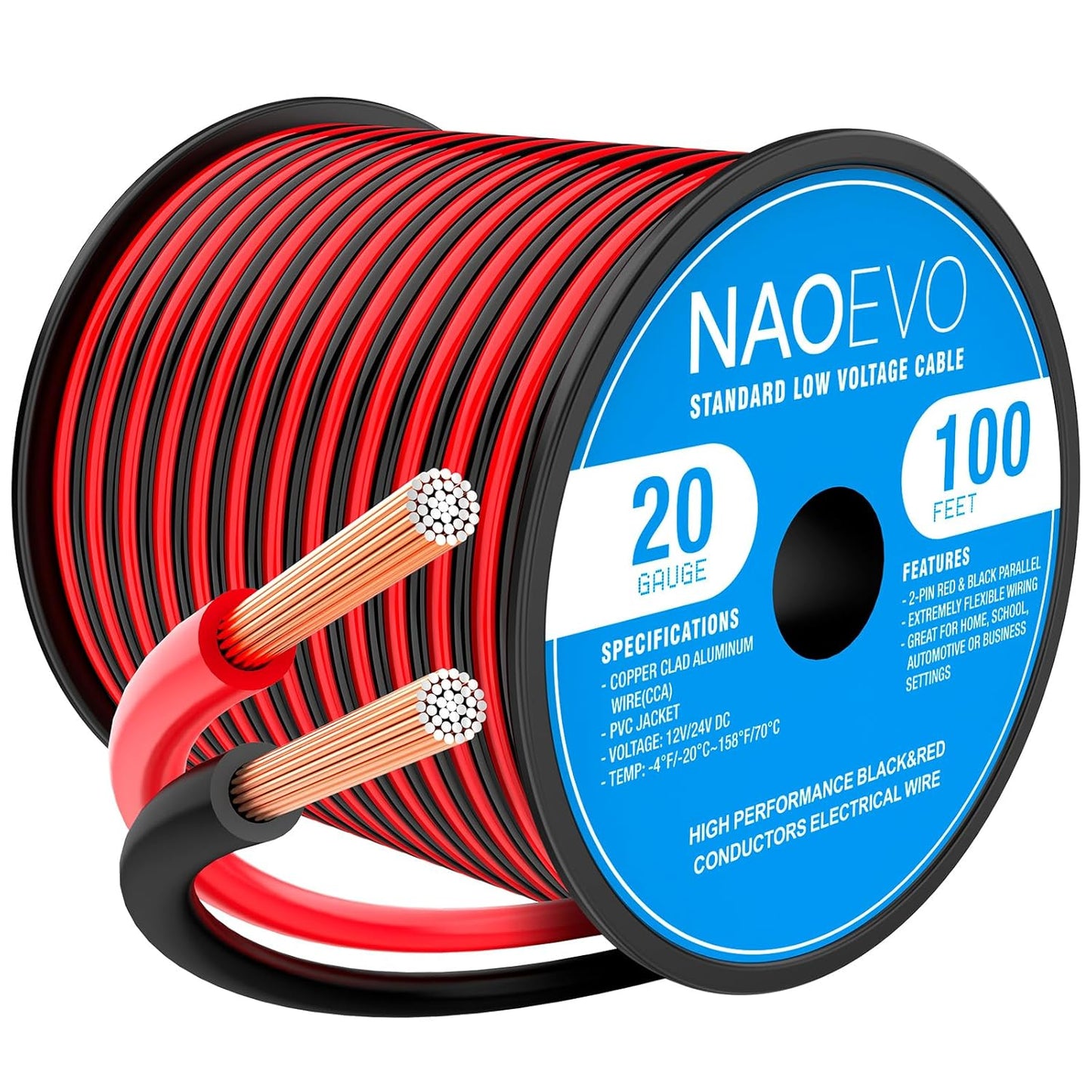 NAOEVO 20 Gauge Wire 100FT, 2 Conductors Electrical Wire Red Black Cable, Flexible/Low Voltage/PVC 20 AWG Copper Clad Aluminum Extension Cord for Speaker, LED Strips, Automotive 12V/24V DC-VerdiqueGarden