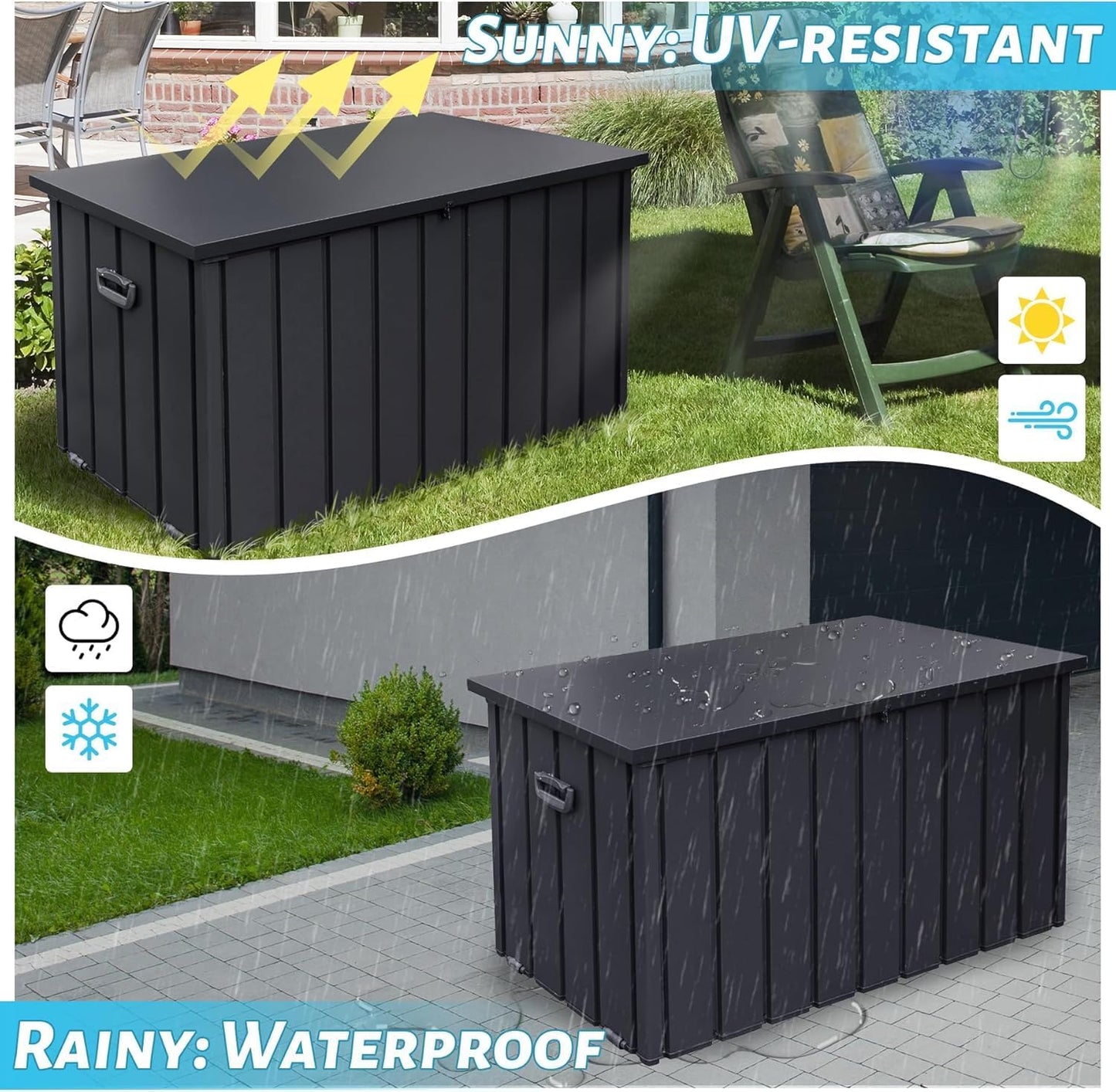 Metal Outdoor Storage Box, 150 Gallon Waterproof Deck Box for Patio Cushion, Outside Storage Cabinet Rust/UV Resistant, Lockable Garden Tool Storage Bin for Porch Package Delivery, Grey-VerdiqueGarden