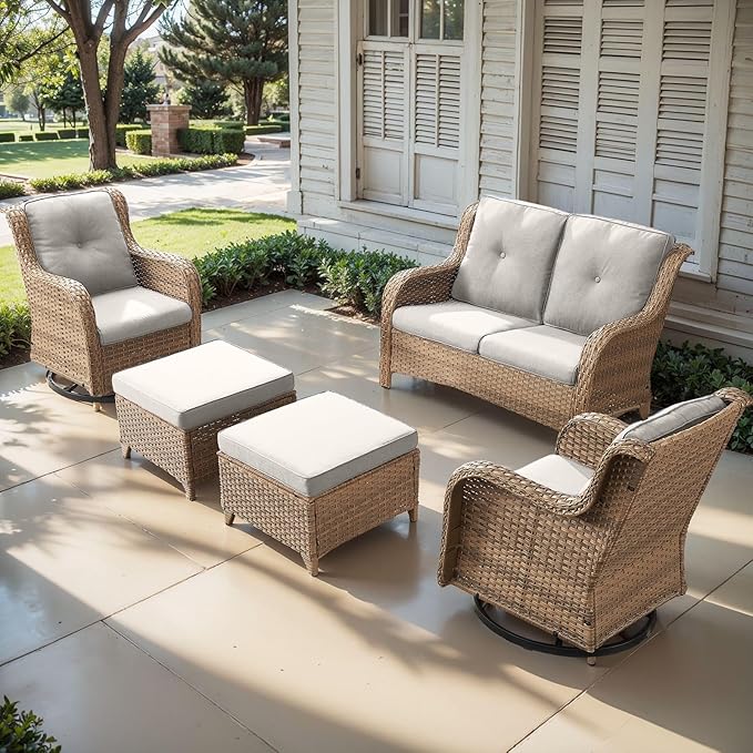 Outdoor Wicker Patio Furniture Set - 5 Piece Rattan Patio Conversation Set with 2 Rocking Swivel Chairs,2 Ottomans and 1 Loveseat for Porch Deck Backyard Garden(Yellow/Beige)-VerdiqueGarden