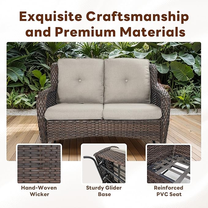 4 Piece Patio Furniture Set with Fire Pit Table - 41inch 50000 BTU Propane Fire Pit Table with High Back Loveseat Glider Chair and 2 Swivel Rocker Chair for Casual Gathering-VerdiqueGarden