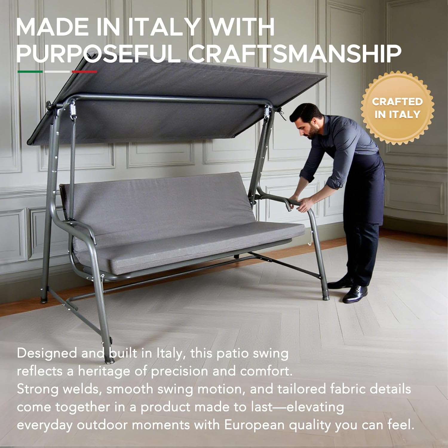 SUNJOY 3-4 Seat Luxury Outdoor Porch Swing, Steel Patio Swing with Elastic Metal Mesh Seat, Convertible Design, Cushion and Adjustable Canopy for Garden, Poolside, Backyard, Grey - Made in Italy-VerdiqueGarden