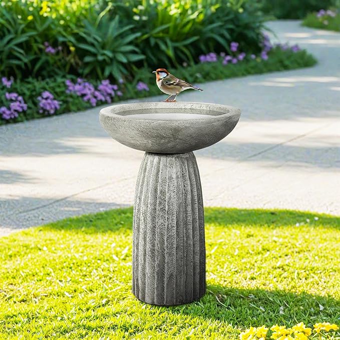 SunJet Modern Bird Bath, 24.4inches Height Fibre-Reinforced Concrete Birdbath with Textured Pedestal for Outdoor Garden, Yard, Lawn Decor-VerdiqueGarden