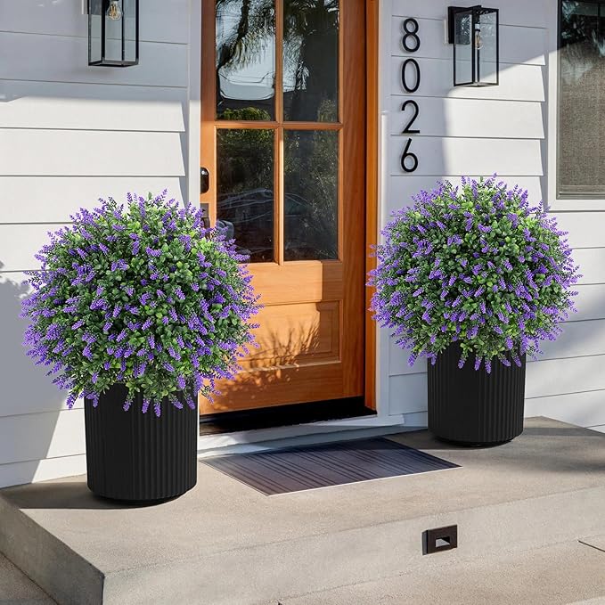Artificial Lavender Topiary Ball Tree 25" with Ground Spike, Set of 2 Artificial Boxwood Bushes for Faux Shrubs, Fake Evergreen Faux Plant for Indoor Outdoor Porch Garden -UV Resistant–Fade-Proof-VerdiqueGarden