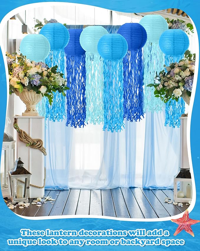 18 Pcs Jellyfish Paper Lanterns Mermaid Birthday Decorations Hanging Lantern Lamps for Ocean Theme Decor Under The Sea Party Supplies (Blue)-VerdiqueGarden