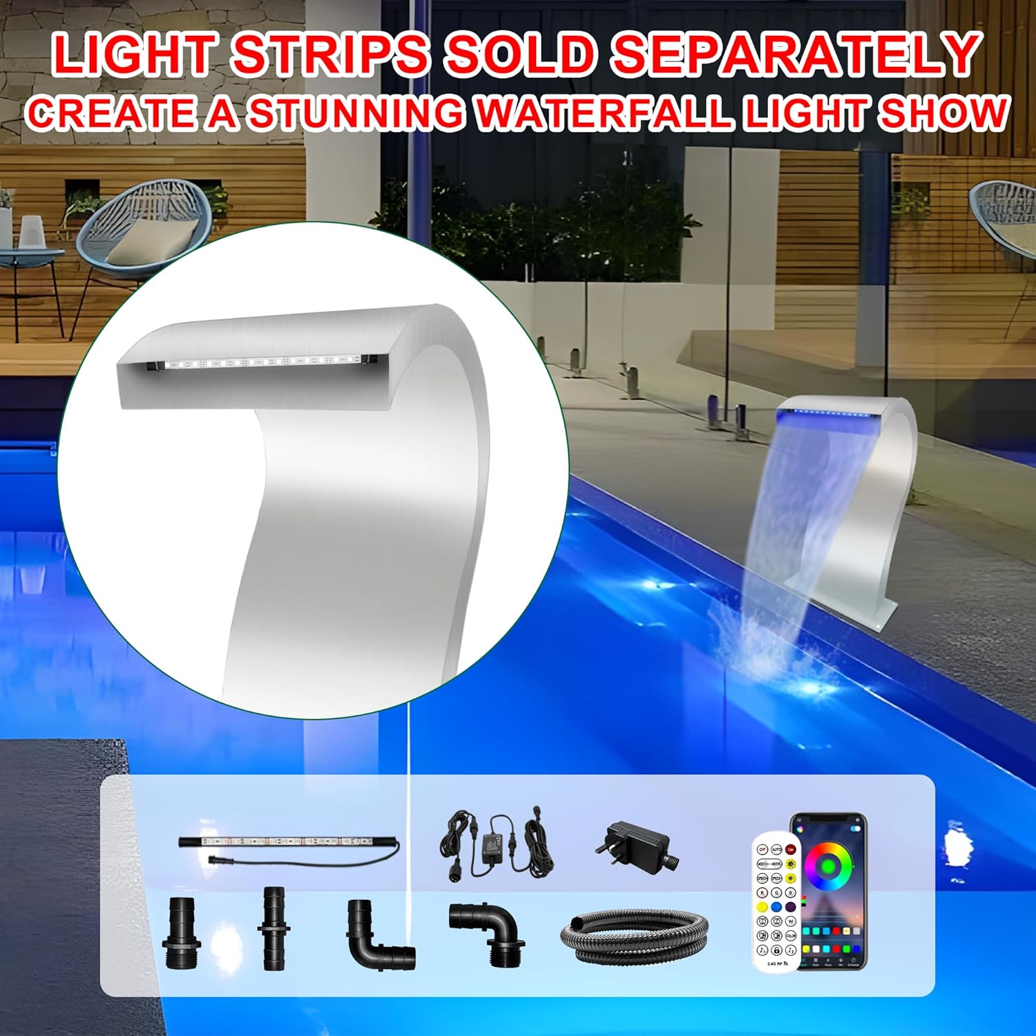 Pool Waterfall Fountain Stainless Steel Fountain 22.60'' x 10.55'' x 14.57'' Silver Pool Fountains for Ground Pools Garden Outdoor Waterfalls Sheer Descent Pond Water Feature-VerdiqueGarden