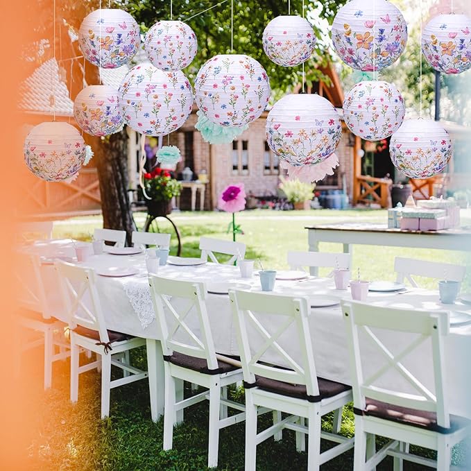 Riakrum 12 Pcs Wildflower Paper Lantern Set Floral Party Decorations Flower Paper Round Lanterns Wildflower Lantern Kit for Spring Baby Shower Bridal Shower Wedding Birthday Tea Party Supplies-VerdiqueGarden
