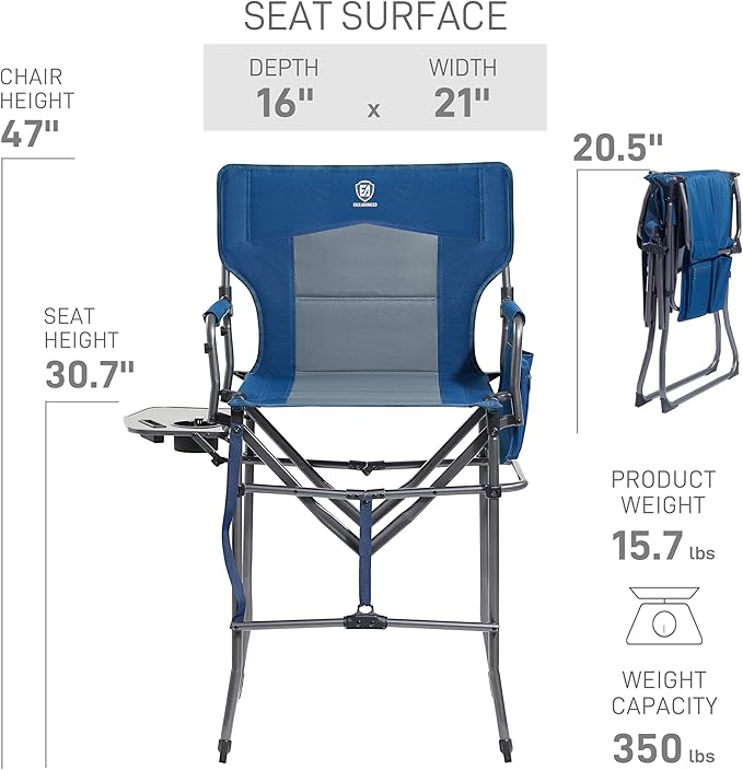 EVER ADVANCED Portable 30.7" Seat Height Tall Folding Chair Directors Chair High Foldable Bar Stool with Side Table for Makeup Artist, Camping, Sports Event, Craft Show, Supports 350LBS Blue Grey-VerdiqueGarden