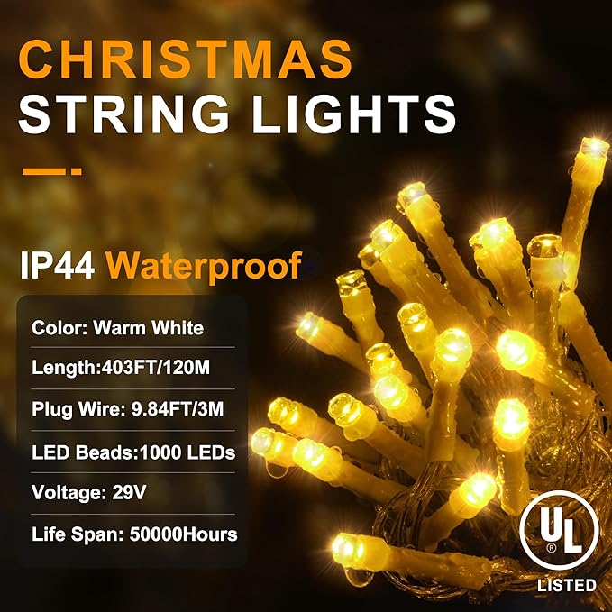 KNONEW 403ft 1000 LED Christmas String Lights Outdoor 8 Modes & Timer Fairy Light Plug in Waterproof LED Wedding Lights for Xmas Yard Tree Party Holiday Decorations (Warm White)-VerdiqueGarden