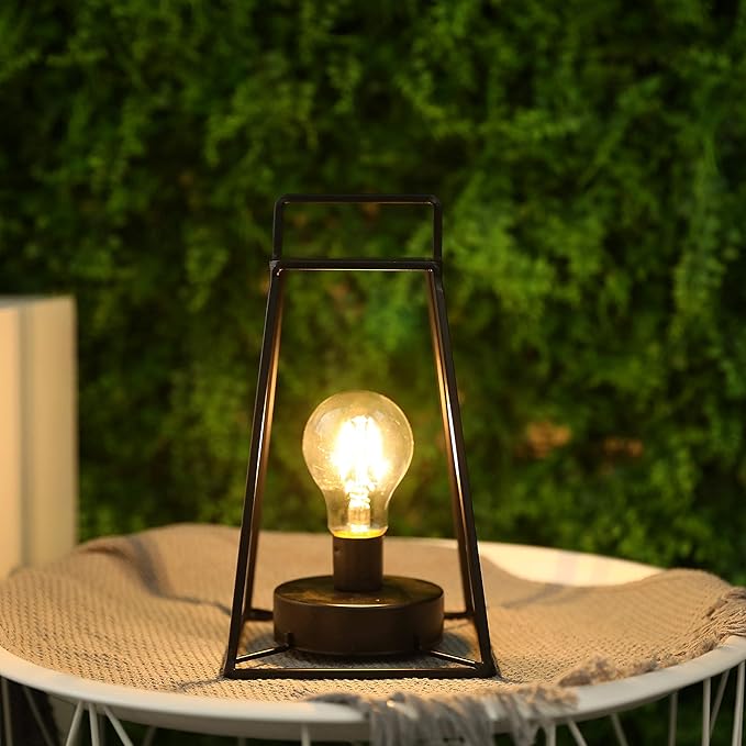 JHY DESIGN Retro Style Geometric Table Lamp 10''High Simple Iron Art Cordless Lamp Battery Powered Lamp with 6-Hours Timer Feature Cage Wireless Lamp for Balcony Party Indoor Outdoor(Short, Black)-VerdiqueGarden