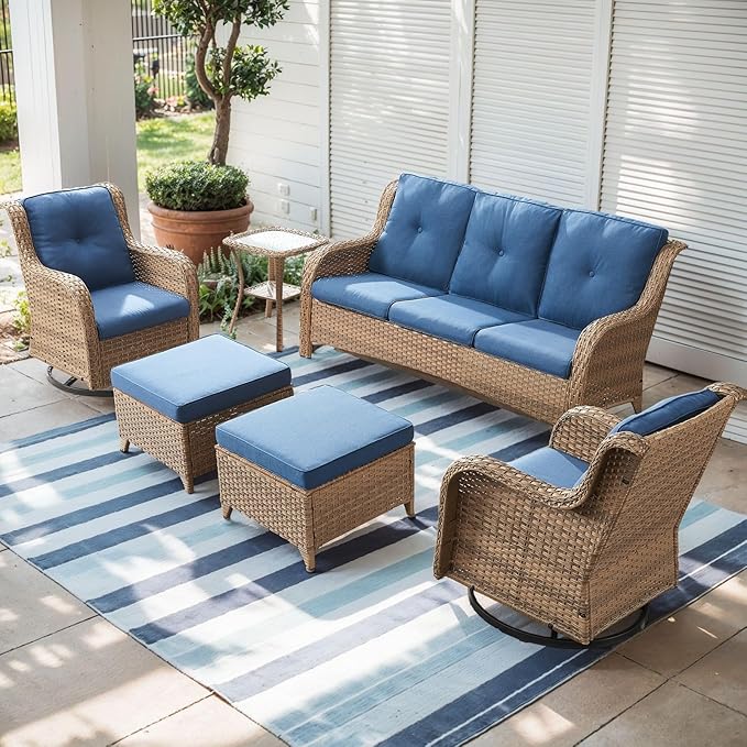 Outdoor Wicker Patio Furniture Set - 6 Piece Rattan Patio Conversation Set with 2 Rocking Swivel Chairs,2 Ottomans,1 Sofa and 1 Side Table for Porch Deck Backyard Garden(Yellow/Blue)-VerdiqueGarden