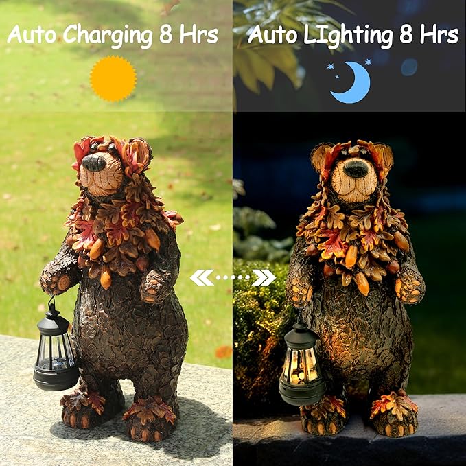 Solar Garden Statue Bear Figurine, Garden Art Outdoor Statues with Solar Lantern, Loving Bear for Patio, Balcony, Yard, Lawn, Unique Housewarming Gifts-VerdiqueGarden
